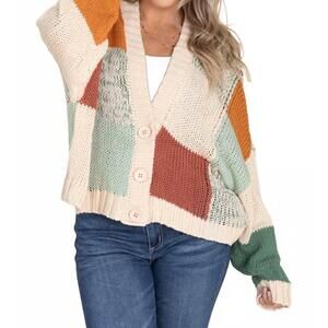 NEW MELLO women's color block crochet v neck cardigan in multi